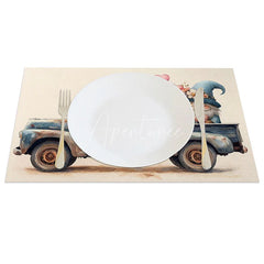Aperturee - Aperturee Blue Truck Gnome Heart Set of 4 Placemats Valentine Rose Decoration Rustic Farmhouse Dining Table Mat