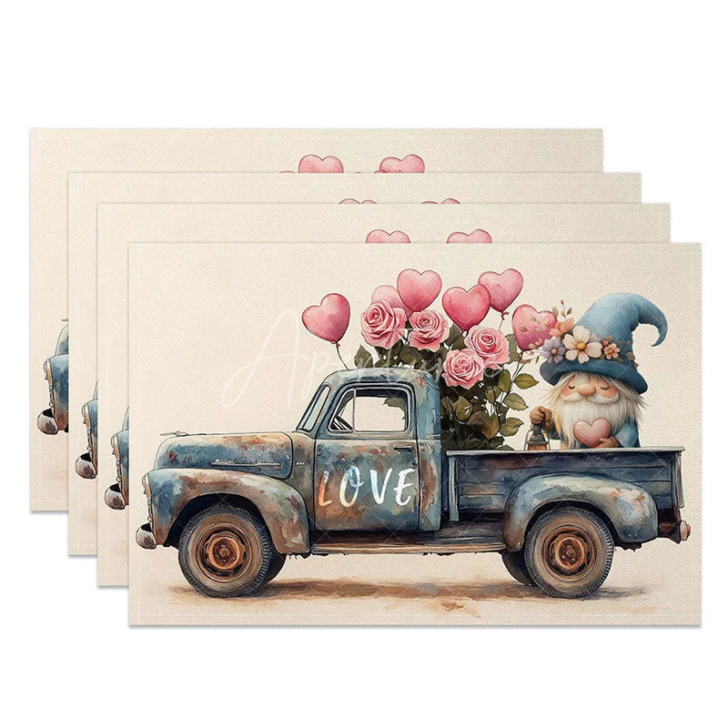 Aperturee - Aperturee Blue Truck Gnome Heart Set of 4 Placemats Valentine Rose Decoration Rustic Farmhouse Dining Table Mat