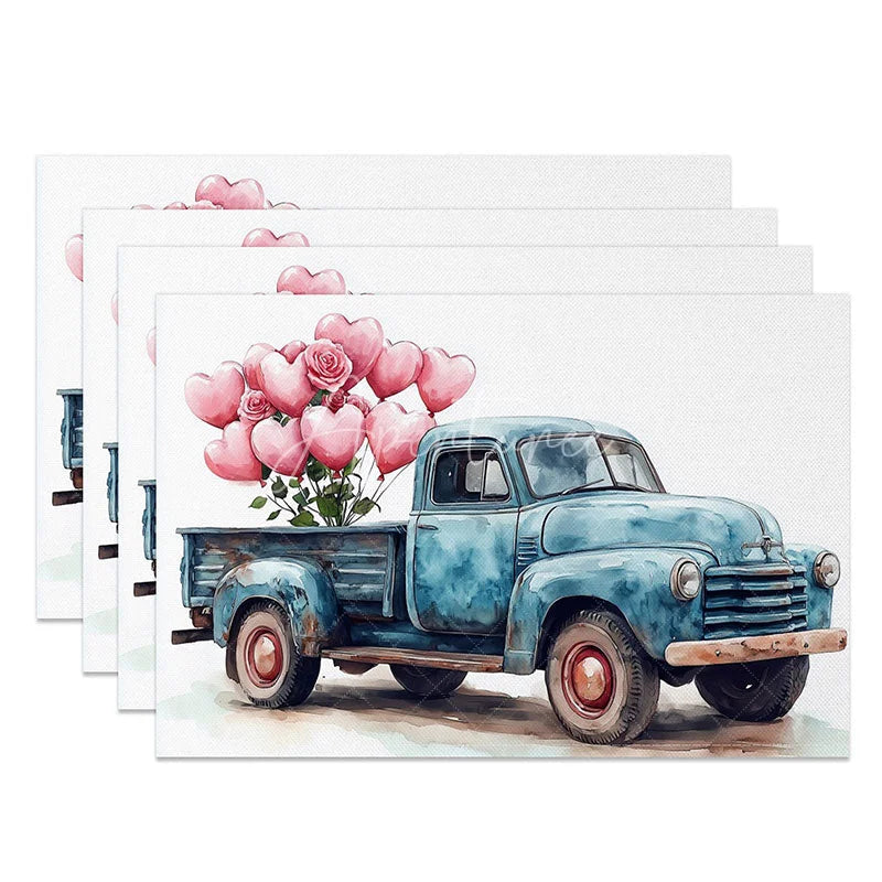 Aperturee - Aperturee Blue Truck Pink Heart Balloon Set of 4 Placemats Watercolor Rose Valentine Decoration Farmhouse Romance Table Mat