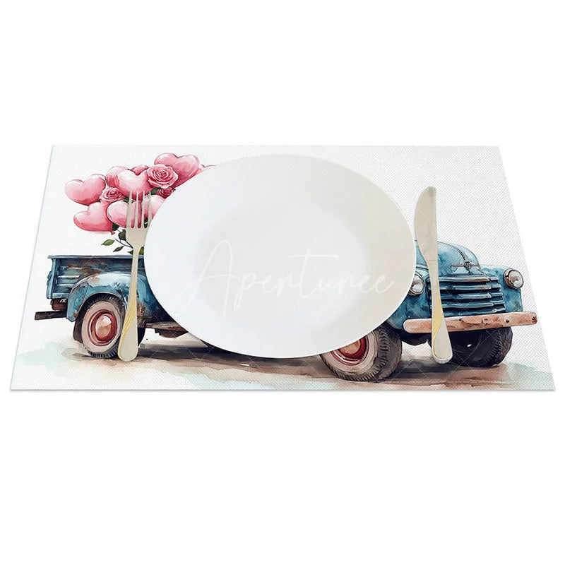 Aperturee - Aperturee Blue Truck Pink Heart Balloon Set of 4 Placemats Watercolor Rose Valentine Decoration Farmhouse Romance Table Mat
