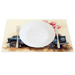 Aperturee - Aperturee Blue Truck Red Heart Balloon Set of 4 Placemats Valentine Rose Decoration Watercolor Romance Table Mat