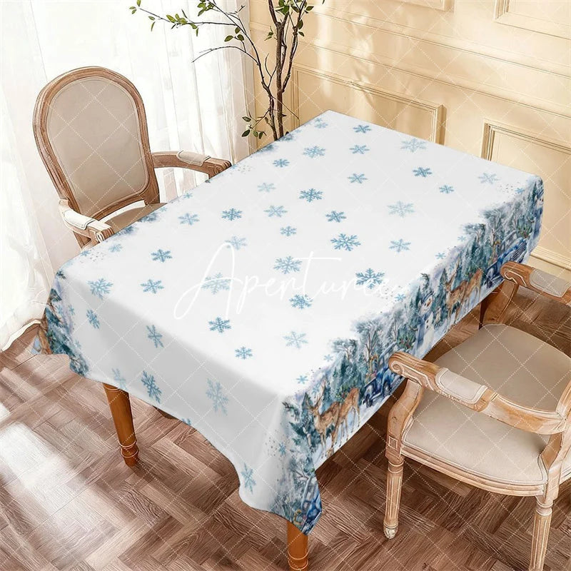 Aperturee - Aperturee Blue Truck Snowman Deer Winter Wonderland Rectangle Tablecloth Snowy Forest Christmas Holiday Decor