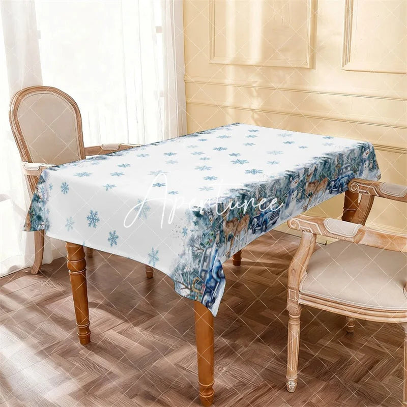 Aperturee - Aperturee Blue Truck Snowman Deer Winter Wonderland Rectangle Tablecloth Snowy Forest Christmas Holiday Decor
