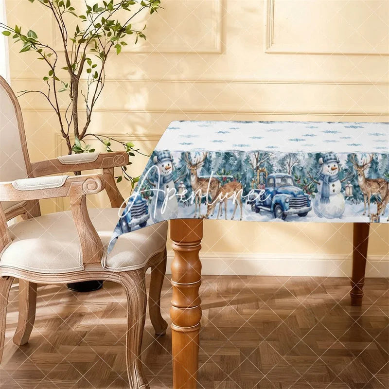 Aperturee - Aperturee Blue Truck Snowman Deer Winter Wonderland Rectangle Tablecloth Snowy Forest Christmas Holiday Decor