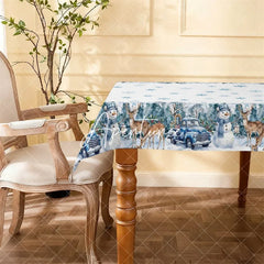Aperturee - Aperturee Blue Truck Snowman Deer Winter Wonderland Rectangle Tablecloth Snowy Forest Christmas Holiday Decor