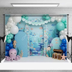 Aperturee - Aperturee Blue Under the Sea Ocean Combo Set Backdrop with Cute Octopus Seahorse and Treasure Chest for Kids Birthday Party