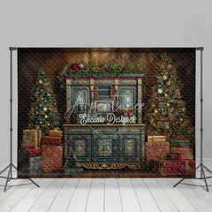 Aperturee - Aperturee Blue Vintage Cabinet Christmas Backdrop Gold Accent Gift Box Photography Background
