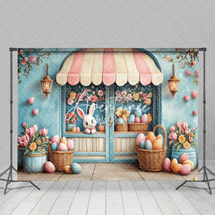 Aperturee - Aperturee Blue Wall Floral Eggs Bunny Easter Photo Backdrop