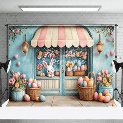 Aperturee - Aperturee Blue Wall Floral Eggs Bunny Easter Photo Backdrop