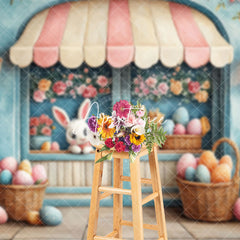 Aperturee - Aperturee Blue Wall Floral Eggs Bunny Easter Photo Backdrop