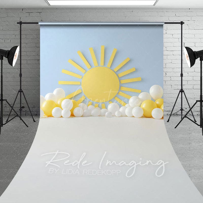Aperturee - Aperturee Blue Wall Sun Balloons Cake Smash Sweep Backdrop