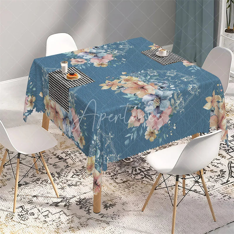 Aperturee - Aperturee Blue Watercolor Floral and Lace Rectangle Tablecloth Elegant Botanical Table Cover for Anniversary Party