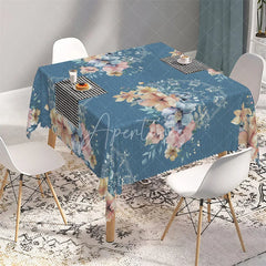 Aperturee - Aperturee Blue Watercolor Floral and Lace Rectangle Tablecloth Elegant Botanical Table Cover for Anniversary Party