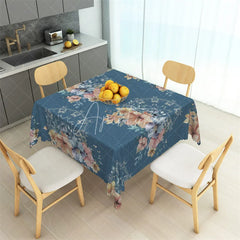 Aperturee - Aperturee Blue Watercolor Floral and Lace Rectangle Tablecloth Elegant Botanical Table Cover for Anniversary Party