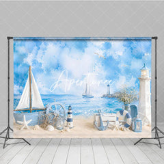 Aperturee - Aperturee Blue Watercolor Nautical Beach Photography Backdrop with Sailboat Lighthouse and Ship’s Wheel Summer Baby Shower Decor