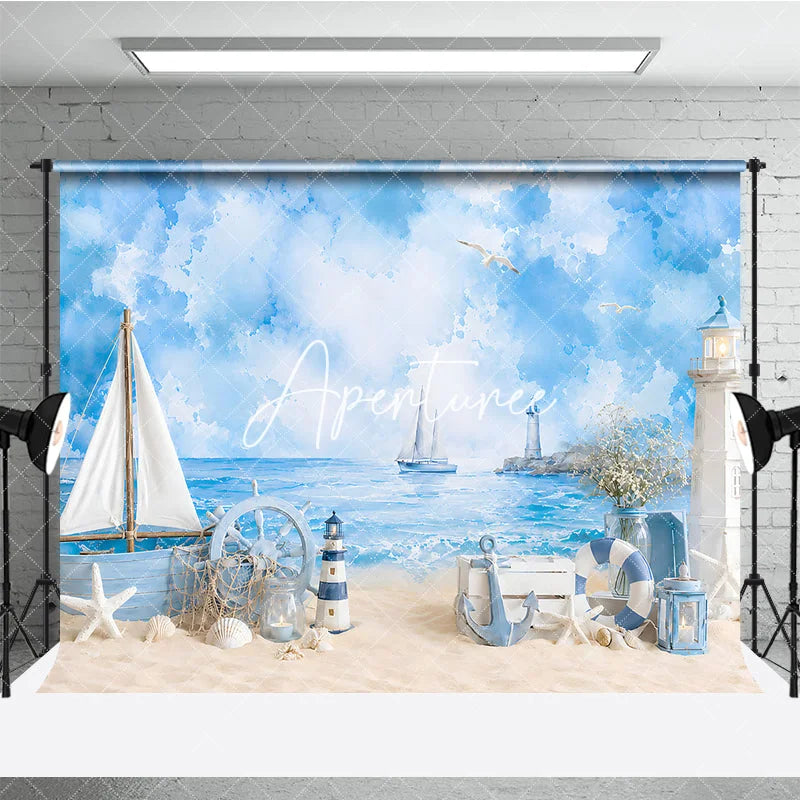 Aperturee - Aperturee Blue Watercolor Nautical Beach Photography Backdrop with Sailboat Lighthouse and Ship’s Wheel Summer Baby Shower Decor