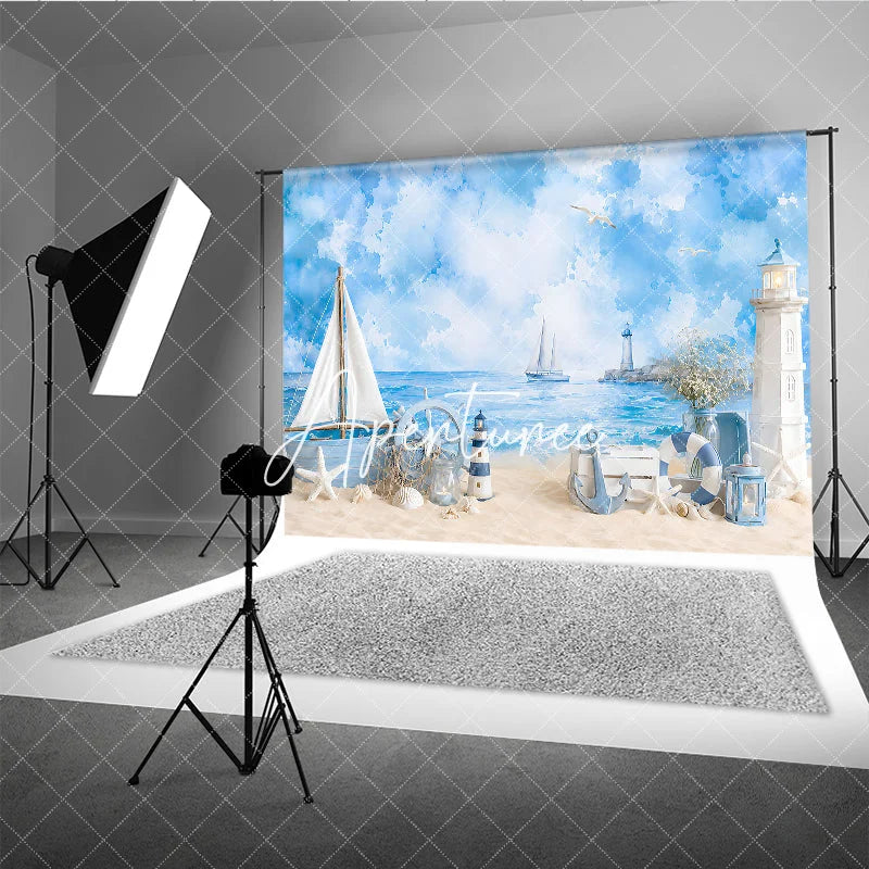 Aperturee - Aperturee Blue Watercolor Nautical Beach Photography Backdrop with Sailboat Lighthouse and Ship’s Wheel Summer Baby Shower Decor