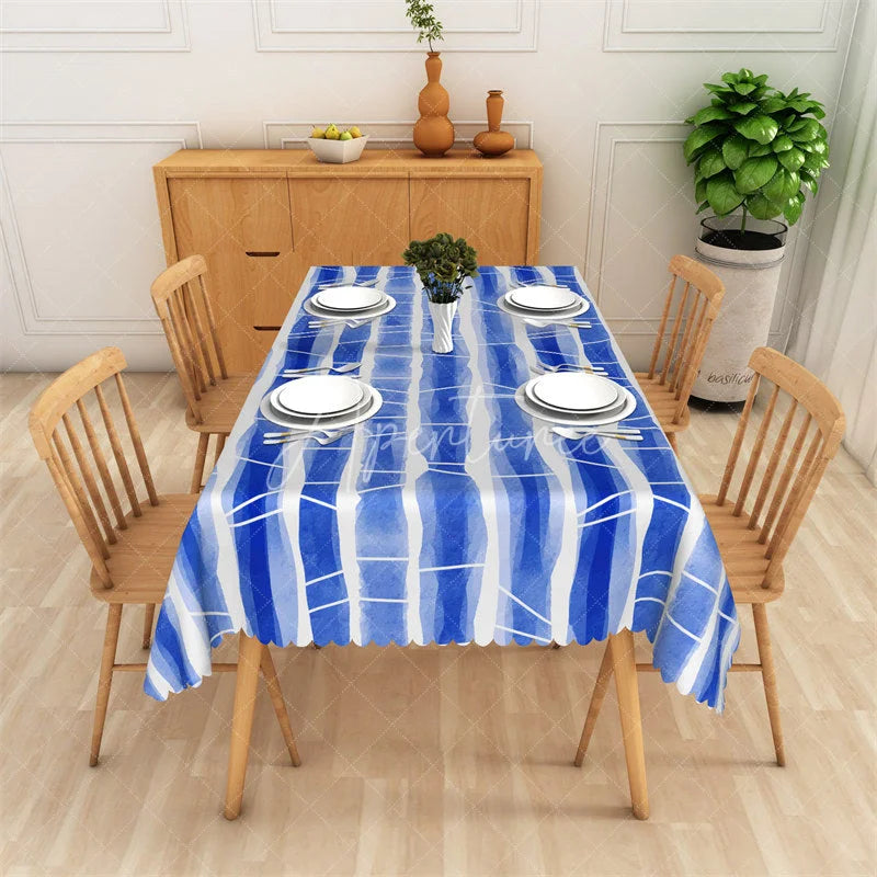 Aperturee - Aperturee Blue Watercolor Striped Rectangle Tablecloth Modern Abstract Design for Dining and Parties