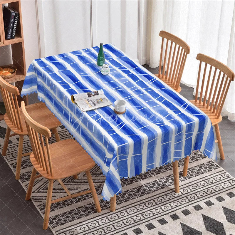 Aperturee - Aperturee Blue Watercolor Striped Rectangle Tablecloth Modern Abstract Design for Dining and Parties