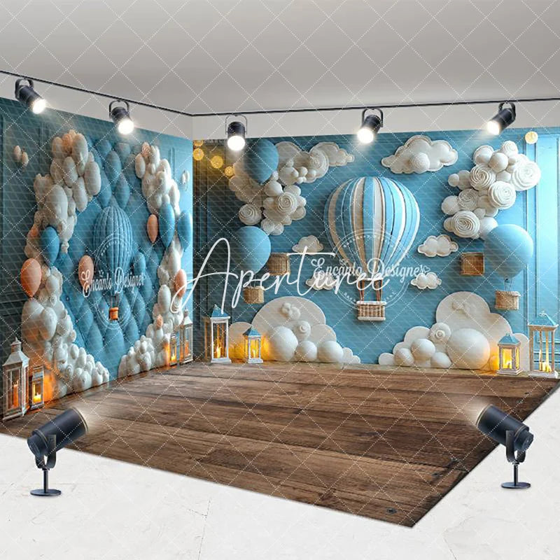 Aperturee - Aperturee Blue White Cloud Hot Air Balloon Room Set Backdrop