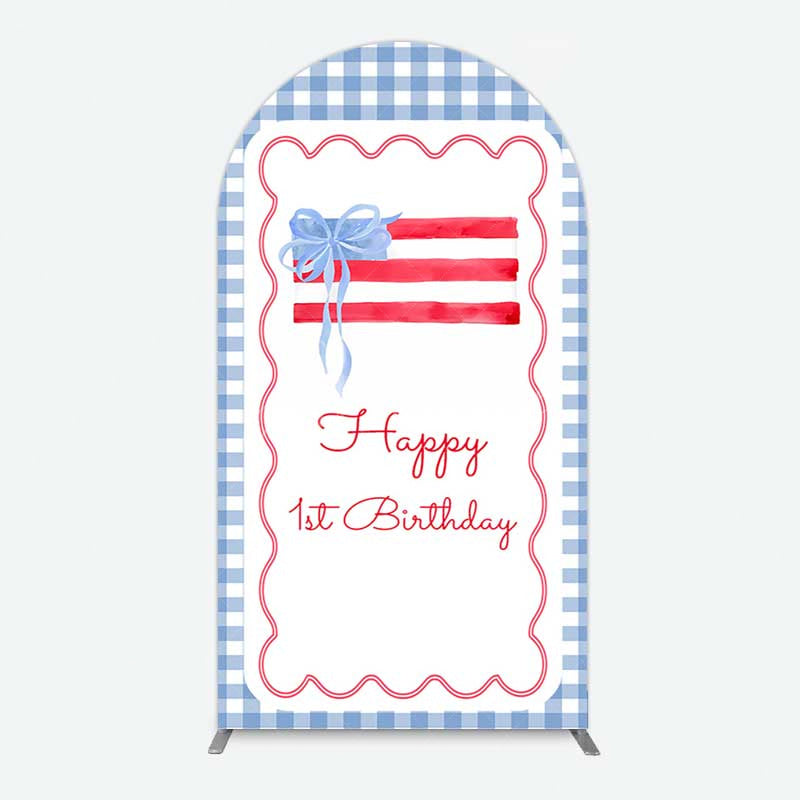 Aperturee Aperturee Blue White Plaid Bow Happy 1st Birthday Arch Backdrop
