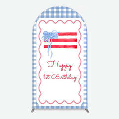 Aperturee Aperturee Blue White Plaid Bow Happy 1st Birthday Arch Backdrop