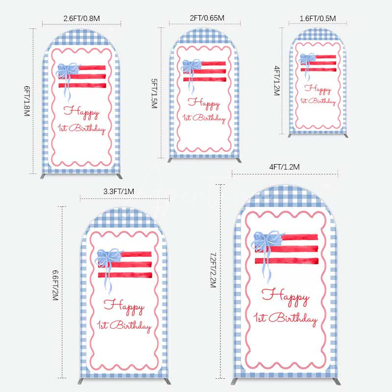 Aperturee Aperturee Blue White Plaid Bow Happy 1st Birthday Arch Backdrop