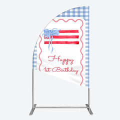 Aperturee Aperturee Blue White Plaid Bow Happy 1st Birthday Half Moon Arch Backdrop