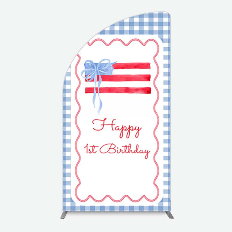 Aperturee Aperturee Blue White Plaid Bow Happy 1st Birthday Half Moon Arch Backdrop
