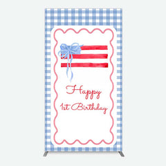 Aperturee Aperturee Blue White Plaid Bow Happy 1st Birthday Rectangle Backdrop