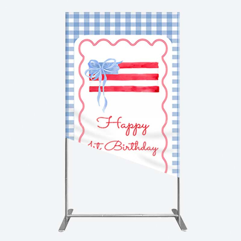 Aperturee Aperturee Blue White Plaid Bow Happy 1st Birthday Rectangle Backdrop