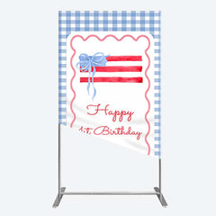Aperturee Aperturee Blue White Plaid Bow Happy 1st Birthday Rectangle Backdrop