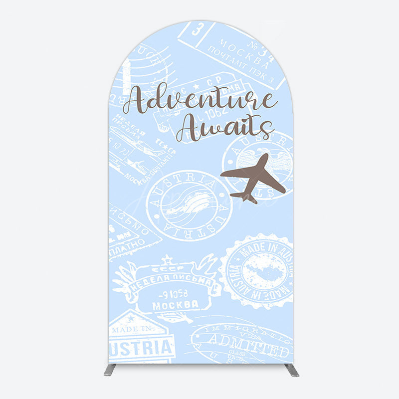 Aperturee - Aperturee Blue White Postmark Adventure Awaits Arch Backdrop