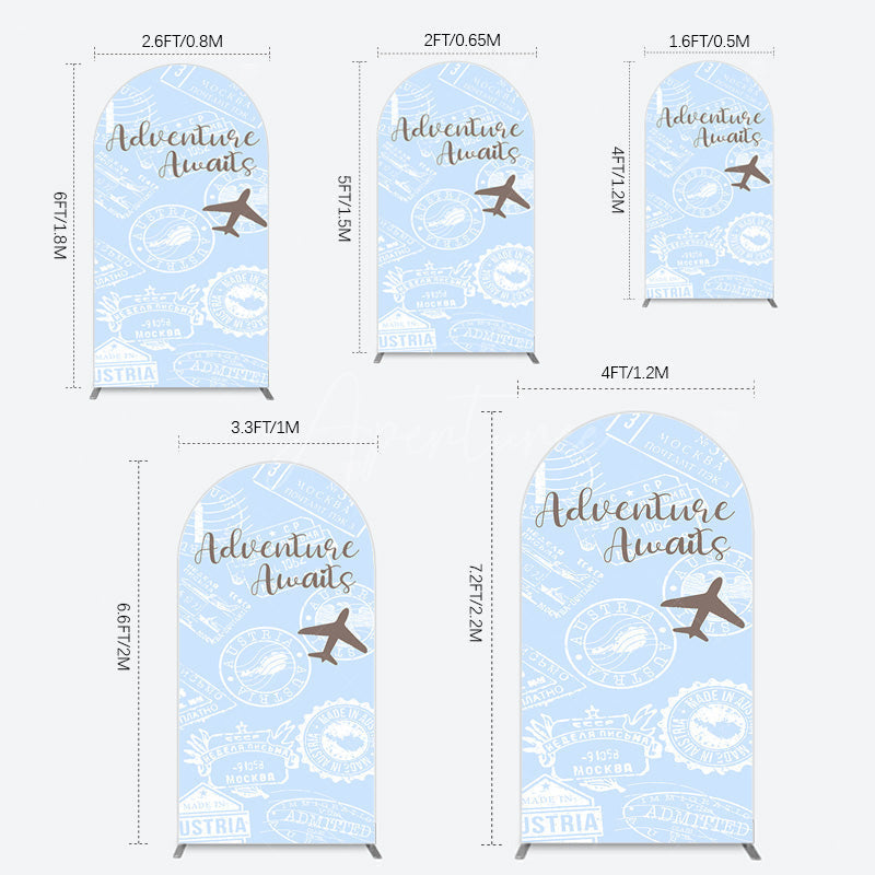 Aperturee - Aperturee Blue White Postmark Adventure Awaits Arch Backdrop