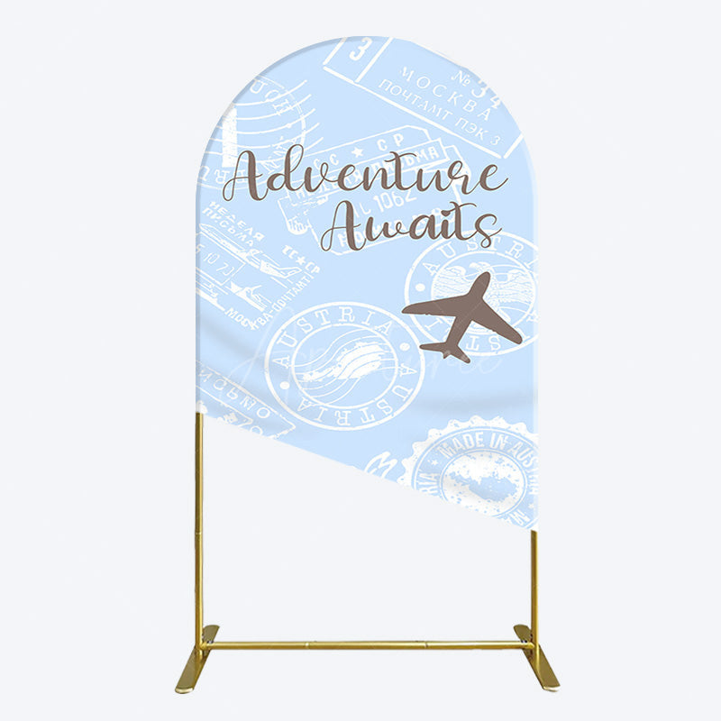 Aperturee - Aperturee Blue White Postmark Adventure Awaits Arch Backdrop