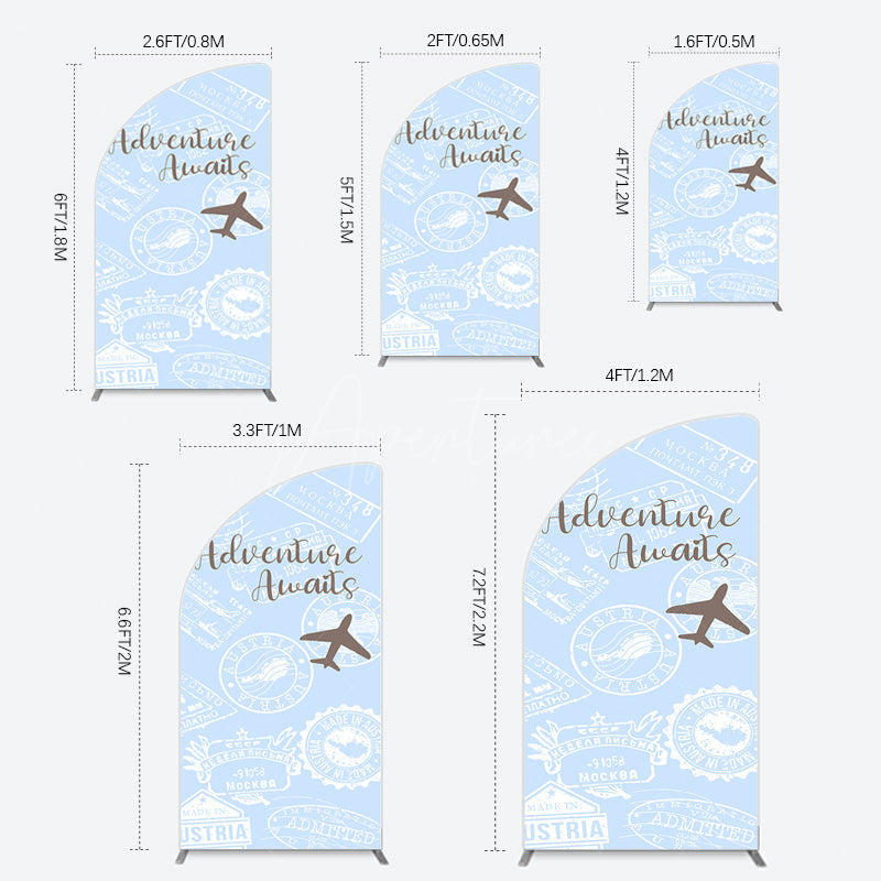 Aperturee - Aperturee Blue White Postmark Adventure Awaits Half Moon Arch Backdrop