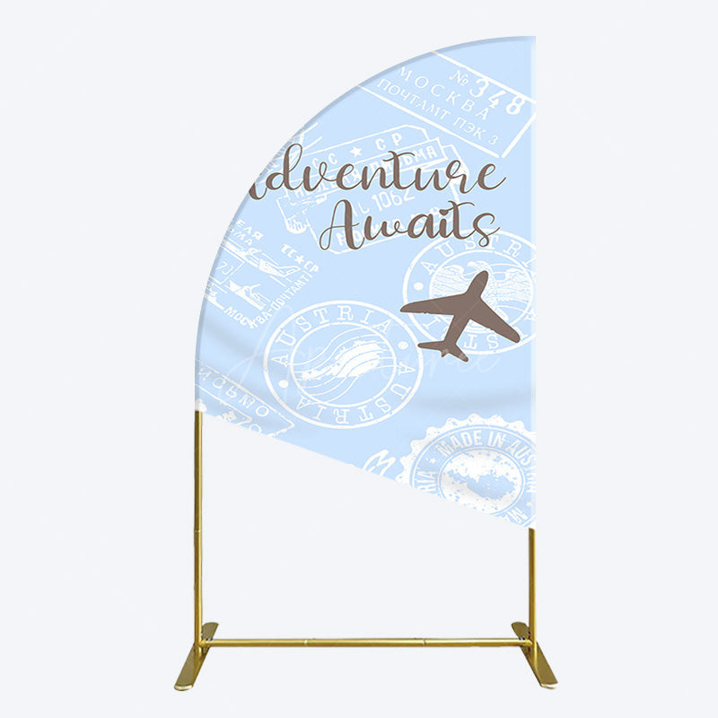 Aperturee - Aperturee Blue White Postmark Adventure Awaits Half Moon Arch Backdrop