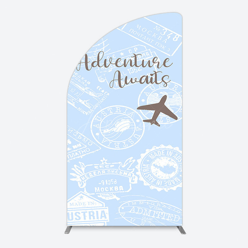 Aperturee - Aperturee Blue White Postmark Adventure Awaits Half Moon Arch Backdrop