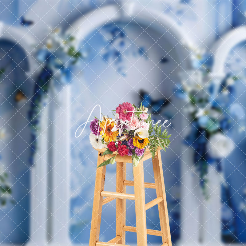 Aperturee - Aperturee Blue White Retro Wall Floral Fine Art Photo Backdrop