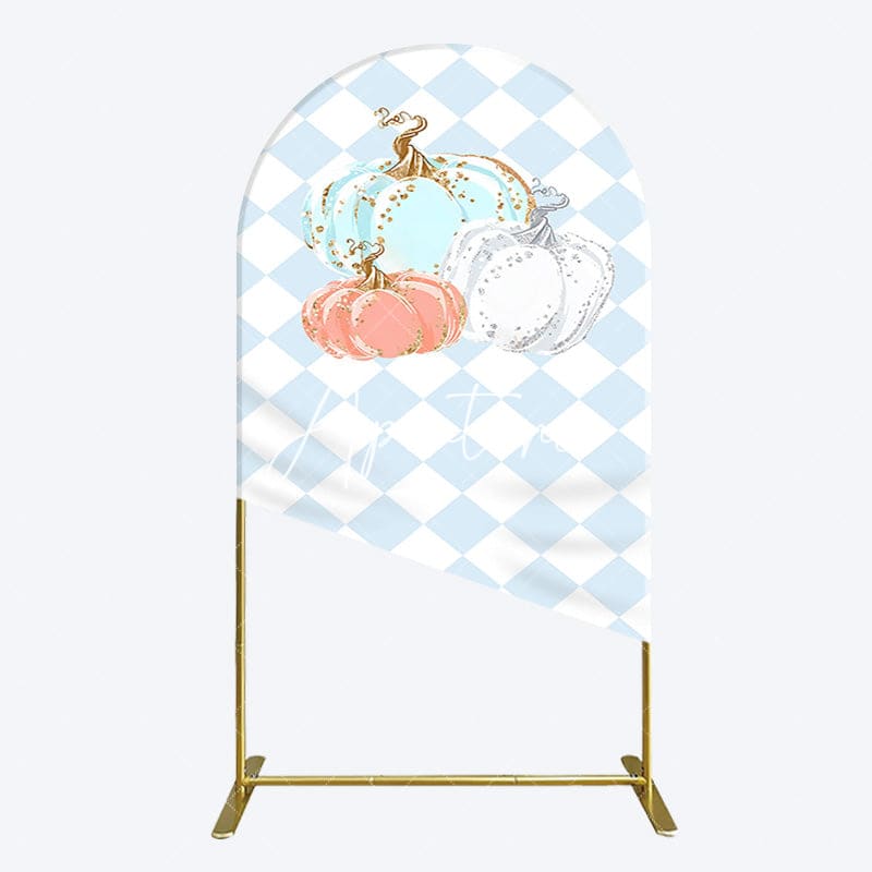 Aperturee - Aperturee Blue White Rhombus Pumpkins Birthday Arch Backdrop