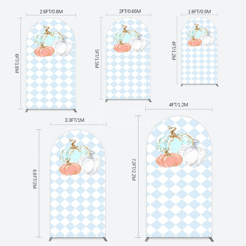 Aperturee - Aperturee Blue White Rhombus Pumpkins Birthday Arch Backdrop