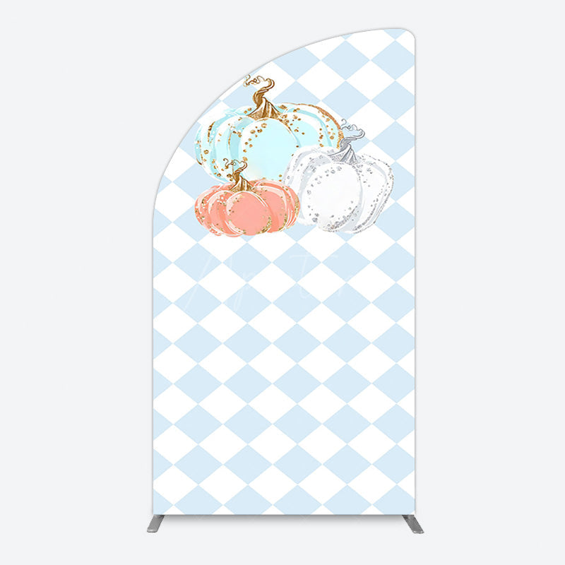Aperturee - Aperturee Blue White Rhombus Pumpkins Birthday Half Moon Arch Backdrop