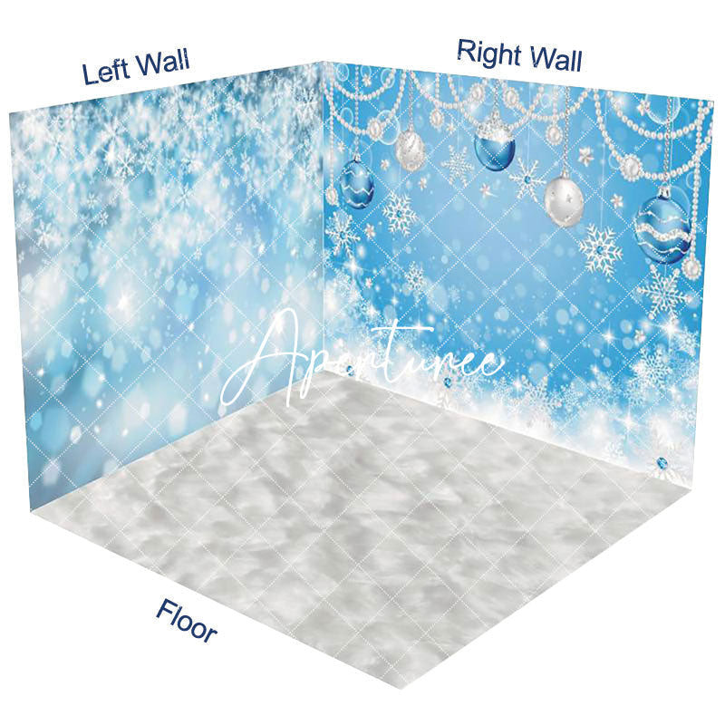 Aperturee - Aperturee Blue White Snowy Bells Christmas Room Set Backdrop