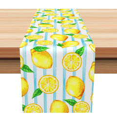 Aperturee - Aperturee Blue White Stripe Fresh Lemon Summer Table Runner