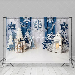 Aperturee - Aperturee Blue White Winter Wonderland Photography Backdrop Snowflakes Christmas Trees and Lantern for Festive Holiday Party