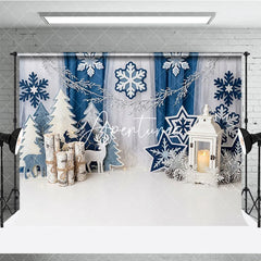 Aperturee - Aperturee Blue White Winter Wonderland Photography Backdrop Snowflakes Christmas Trees and Lantern for Festive Holiday Party