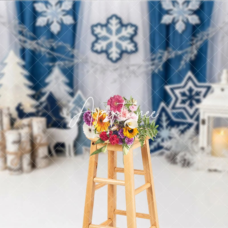 Aperturee - Aperturee Blue White Winter Wonderland Photography Backdrop Snowflakes Christmas Trees and Lantern for Festive Holiday Party