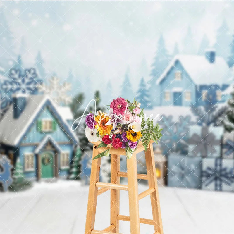 Aperturee - Aperturee Blue Winter Village Snowy Houses Photography Backdrop with Pine Trees Snowflakes and Christmas Gifts for Holiday Party