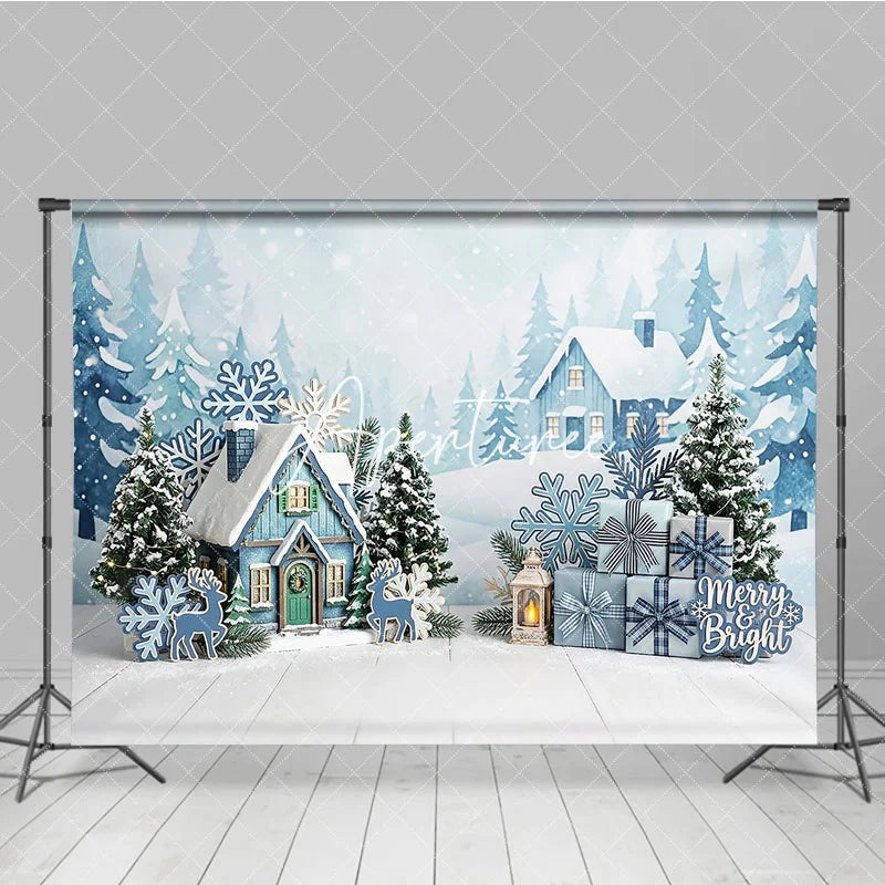 Aperturee - Aperturee Blue Winter Village Snowy Houses Photography Backdrop with Pine Trees Snowflakes and Christmas Gifts for Holiday Party