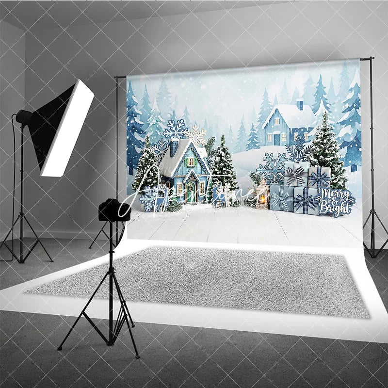 Aperturee - Aperturee Blue Winter Village Snowy Houses Photography Backdrop with Pine Trees Snowflakes and Christmas Gifts for Holiday Party